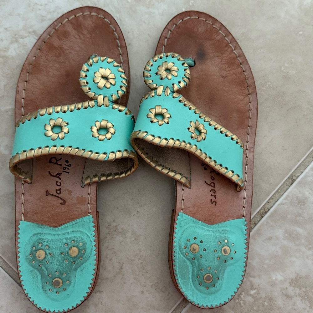 Jack Rogers Turquoise and Gold Embellished Sandals